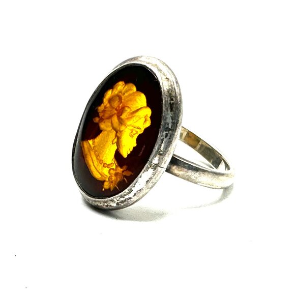 1940-60s Sterling Silver Carved Amber Intaglio Cameo Ring—MCM Statement Piece - Picture 1 of 12